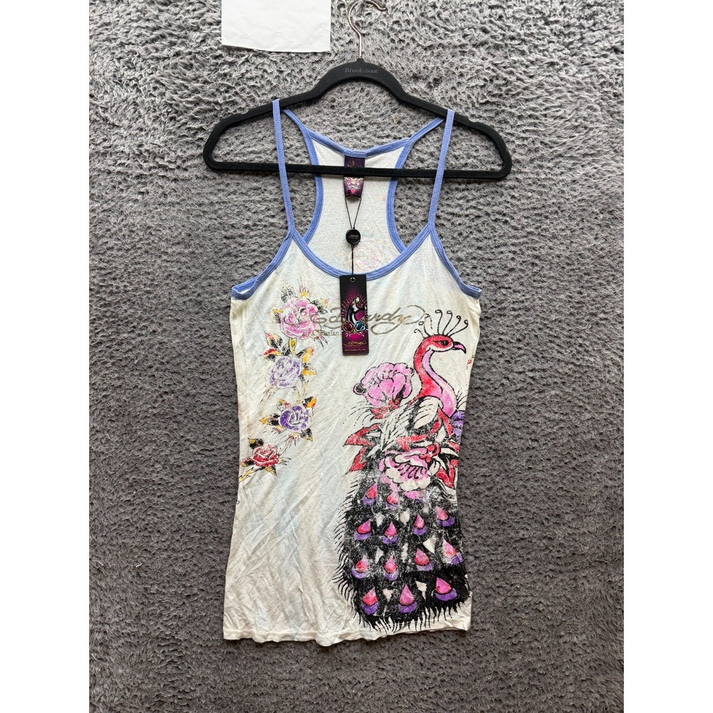 Vintage NWD Ed Hardy Sitting Pretty Peacock Graphic Racerback Tank Top White M